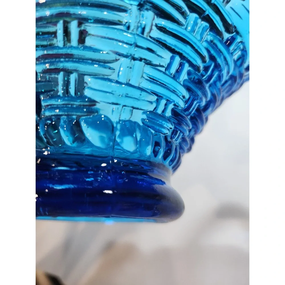 Fenton Style~ Basketweave Basket~ Ruffled~Crimped~Blue Glass~Trinket~Candy Dish